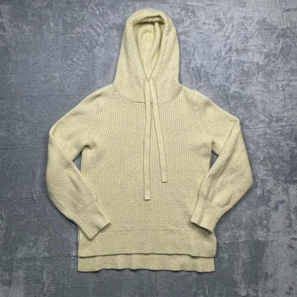 GAP Ribbed Knit Sweater Hoodie Womens Small Tall Cream Yellow Split Hem Pullover